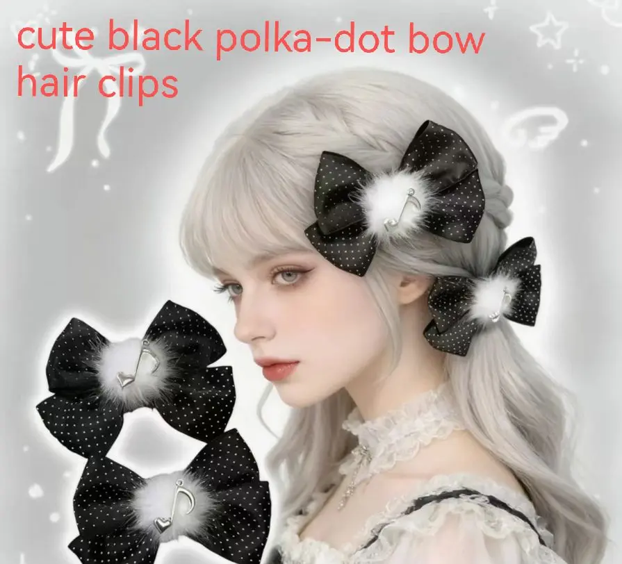 

Black White Polka Dot Musical Note Hair Clip - Handmade Side Hairpin with Bow for Girls, Double Ponytail Accessory