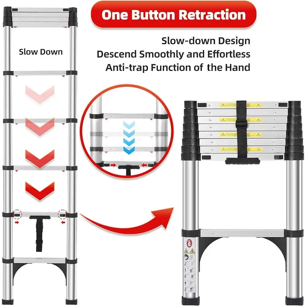 Telescoping Ladder 8.5FT Lightweight Aluminum Extension with 2 Triangle Stabilizers Detachable Hooks Safety Lock Adjustable