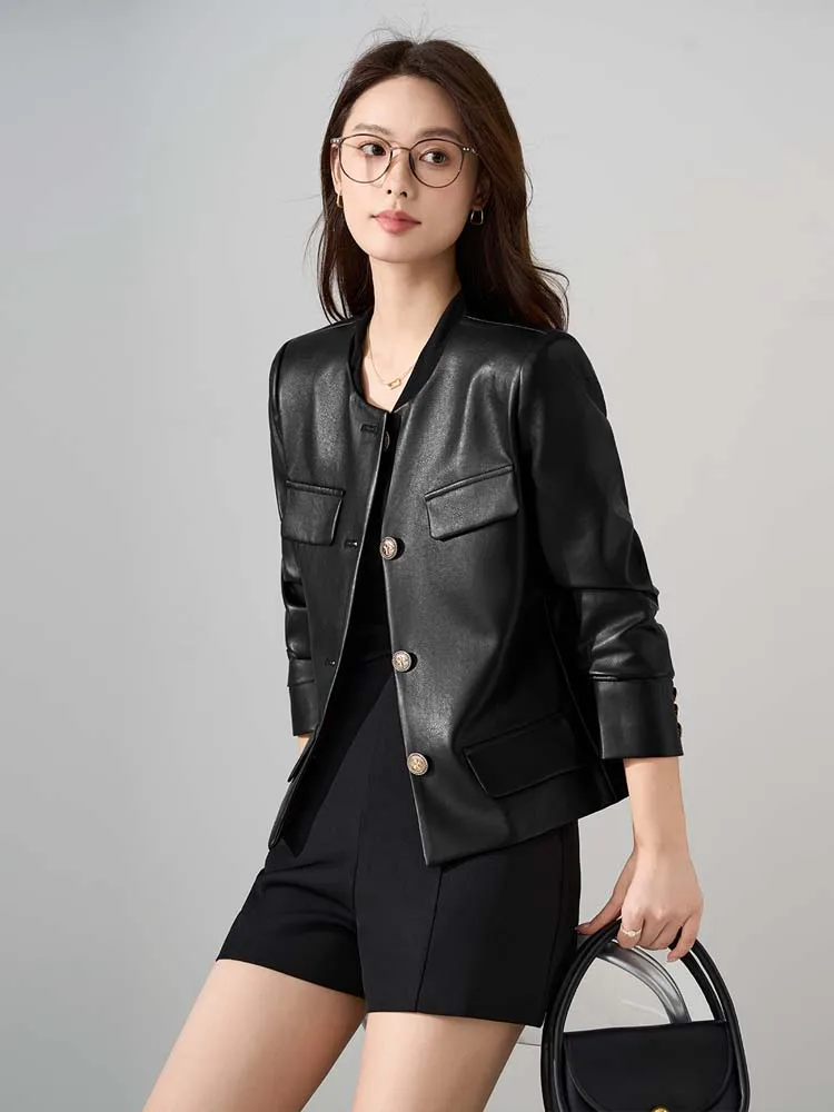 Borgoña mujer primavera otoño cuello redondo chaqueta de piel sintética Oficina señora chaqueta de motocicleta de un solo pecho abrigo de PU 2025 INKEO 5O075