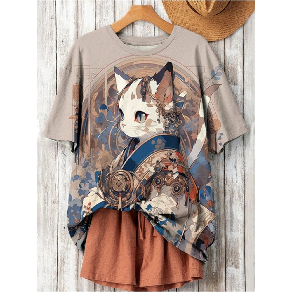 2024 Cartoon Katze 3D-Druck Frauen T-Shirts Harajuku Cartoon T-Shirt lässig Kurzarm Top T-Shirt o Hals übergroße weibliche Kleidung