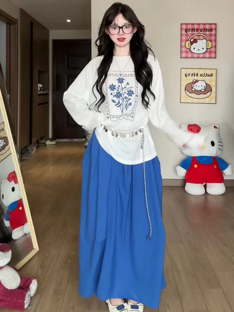 Korean Style round Neck Long Sleeve T-Shirt Women's Spring New Loose Slimming Versatile Top Blue White Color Block Print Fash...