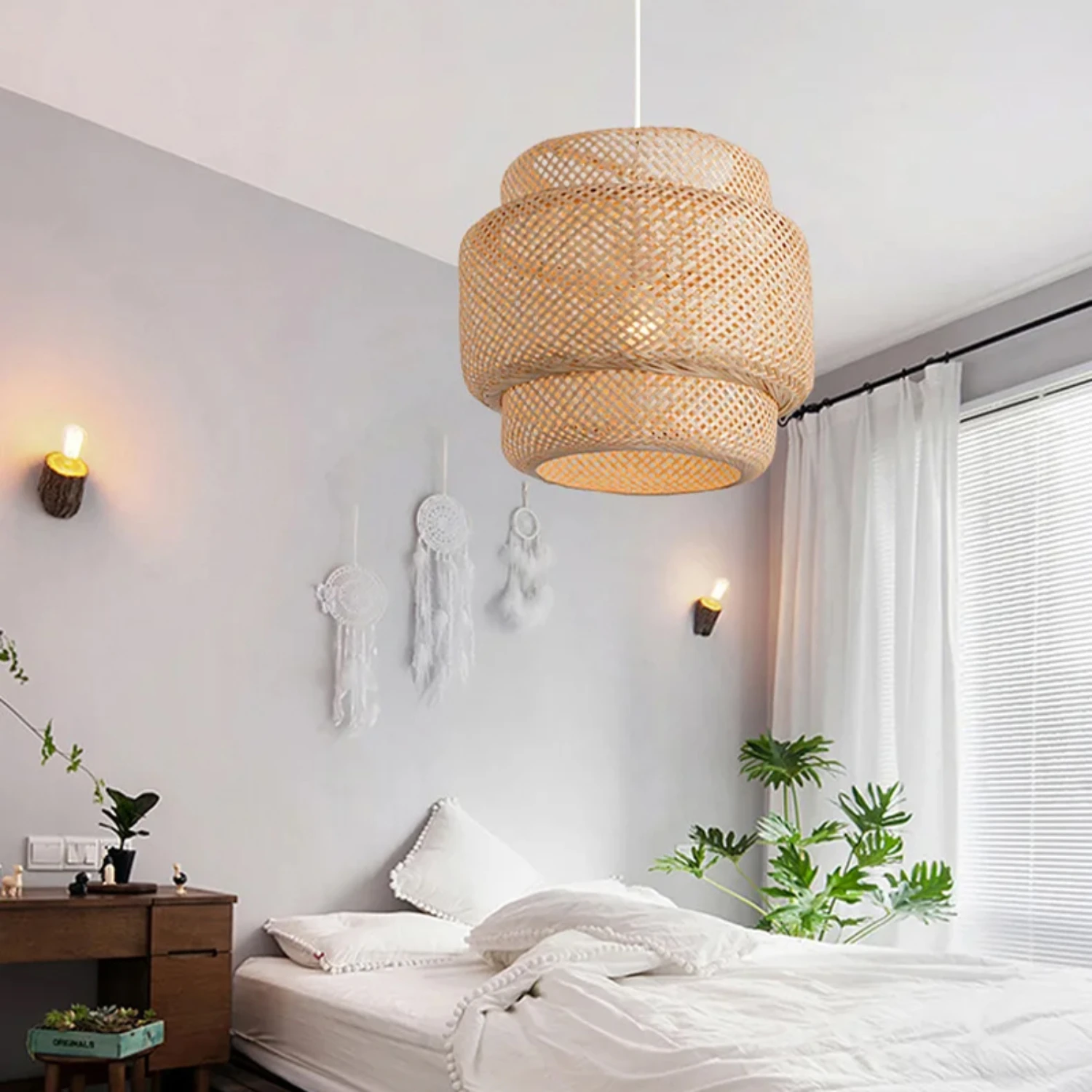 Bellissimo ed elegante lampadario moderno in bambù intrecciato a mano: splendido apparecchio da 30 cm, ideale per migliorare lo stile