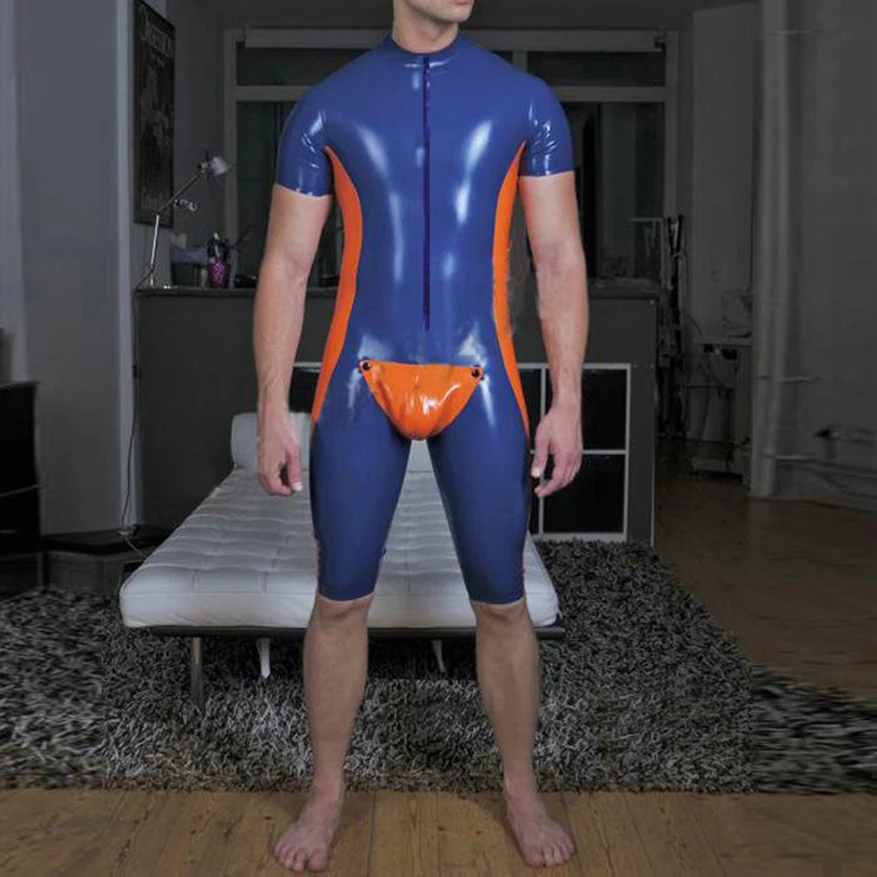 

Sexy Latex Mens Rubber Bobysuit Front Zip Short Leggs Sleeves Catsuit Costumes Jumpsuit Handmade Clothing S-LCM170