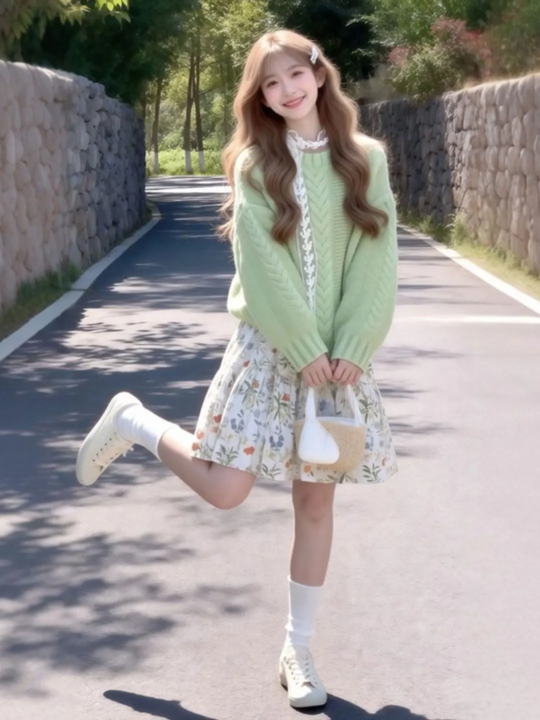 

Unique Floral Print round Ne Sweater Dr Two Piece Set Spring Faion Women's Comfortable Slim Fit Cotton High Waist Skirt