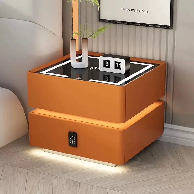 طاولة سرير ذكية من الخشب الفاخر الحديث مع إضاءة LED ومكبرات صوت شحن لاسلكية وبصمات الأصابع مع درج لغرفة النوم وأثاث أبيض