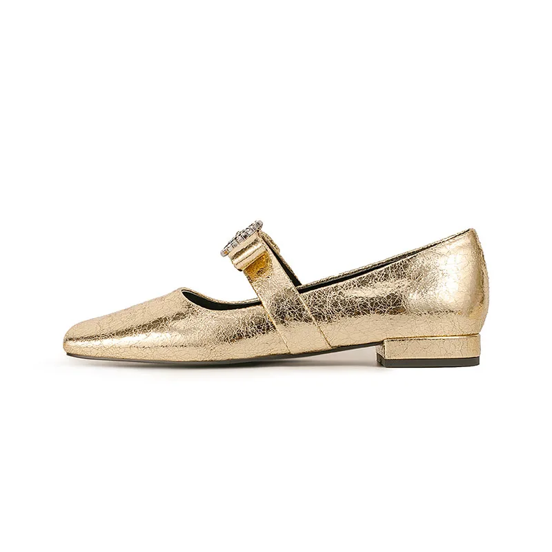 

Arden Furtado Metal cracked cowhide Square toe Flat shoes Shallow Bowknot Summer Crystal metal buckle word-cingulate Single shoe