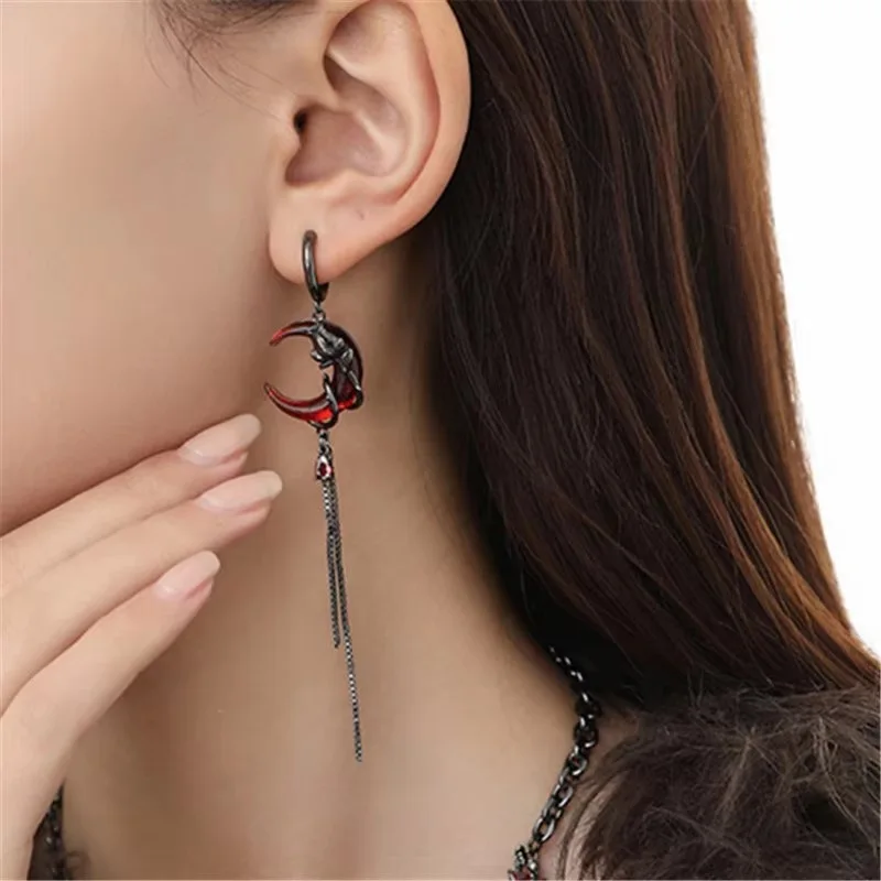 

Asymmetry Red Moon Rose Earrings Women European American Style Personality Crystal Drop Pendant Earrings Jewelry