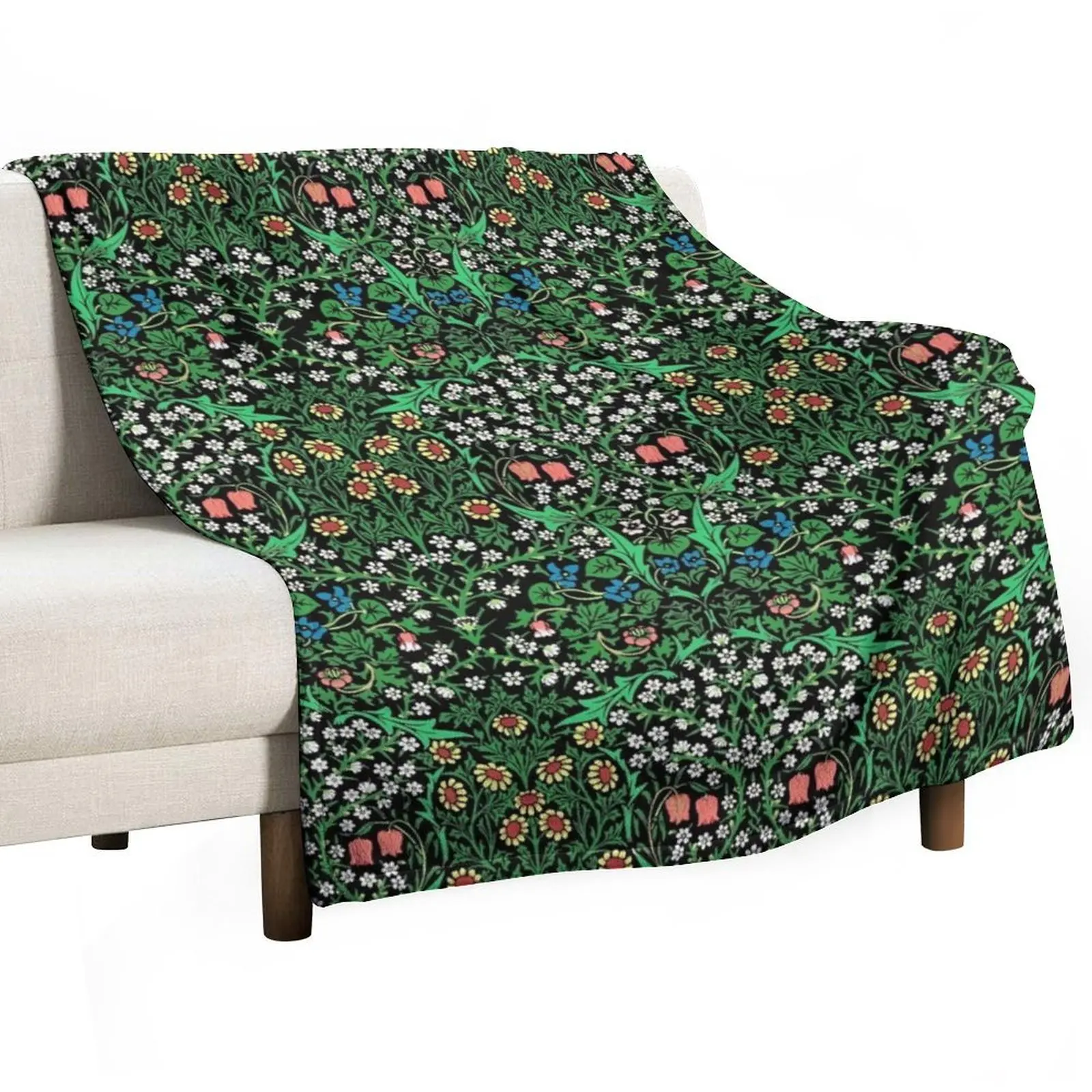 William Morris Jacobean Floral, Black Background Throw Blanket For Decorative Sofa Fashion Sofas Blankets