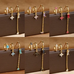 3PCS Flower Chain Tassel Ear Piercing Earrings Set for Women Stainless Steel Geometric Square Hoop Earring Piercing Jewelry