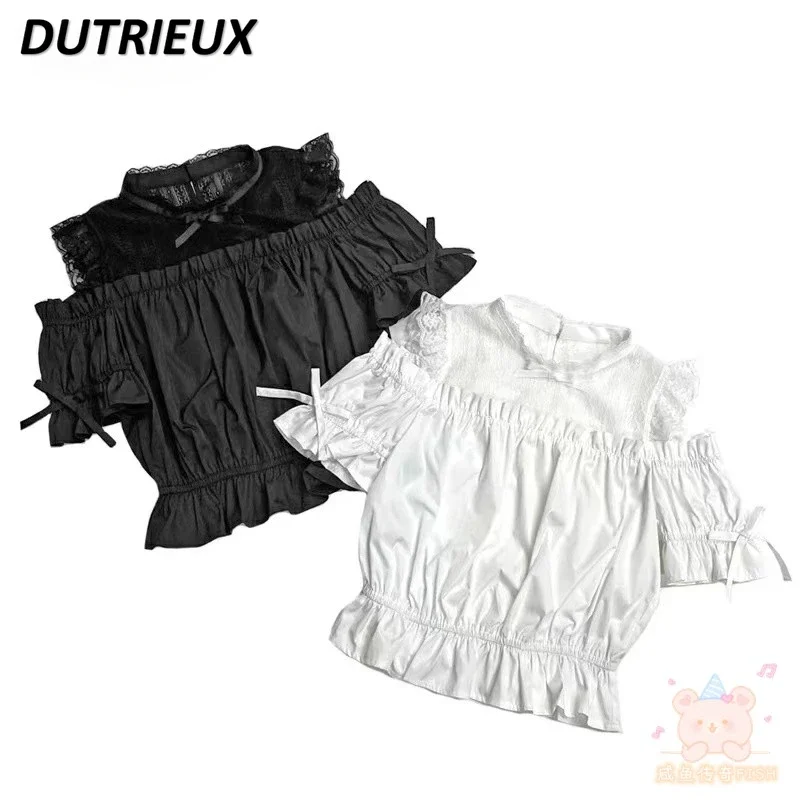 

Japanese SC Summer New Short Sleeve Top Lace Hollow Bow Solid Color Sweet Off-Shoulder Shirt Front and Back Wear Long Skirt