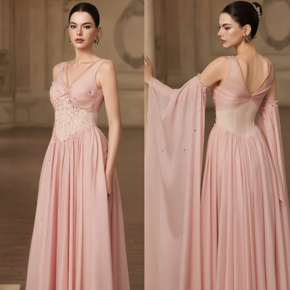 

Customized Elegant V-Neck Sleeveless Evening Dress High Quality Chiffon Prom Dresses Temperament Crystal Bridal Party Gowns