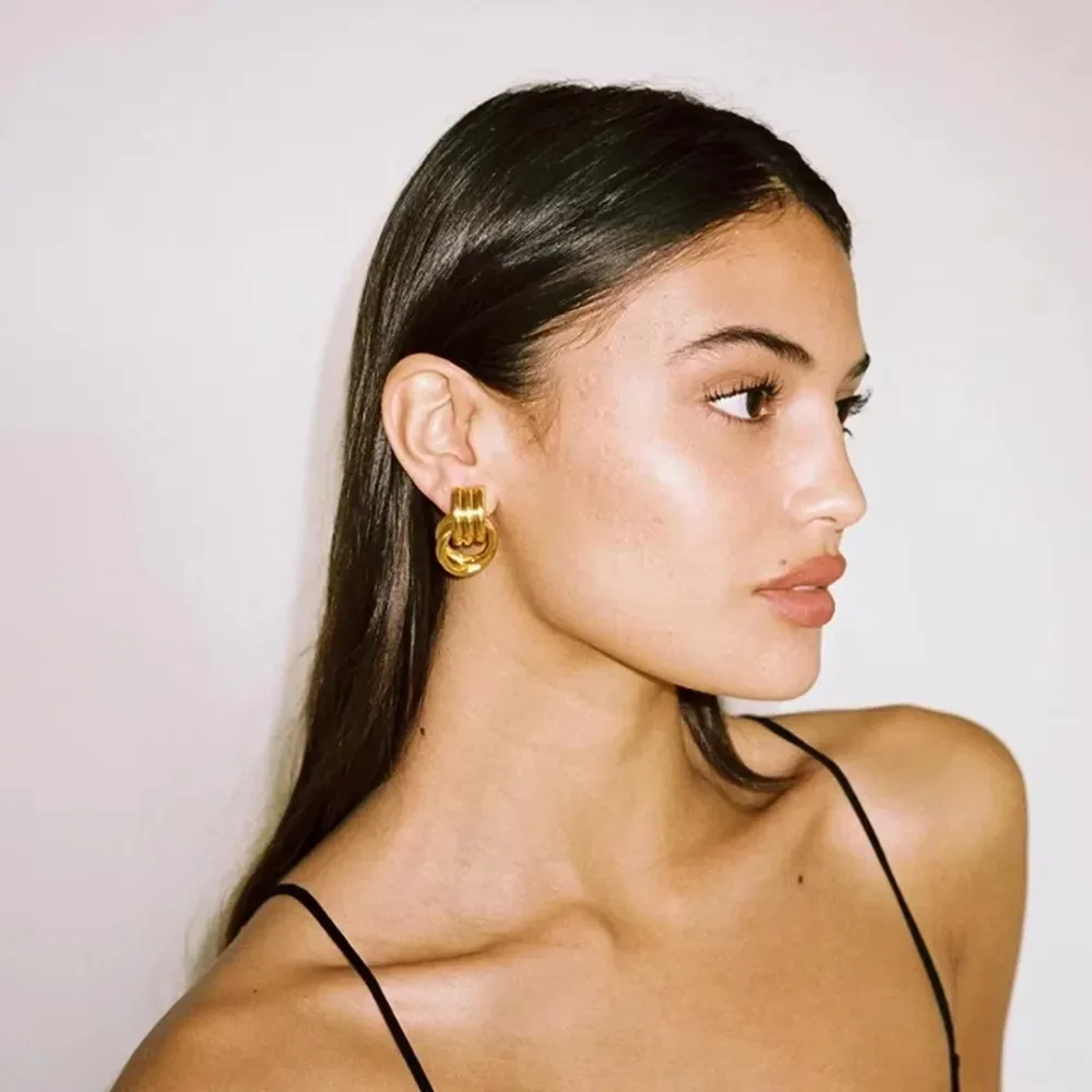Vintage Gold&silver Plated Mix Color Three Layers Round Knot Stud Earrings Women Stainless Steel Ear Studs Fashion Party Jewelry