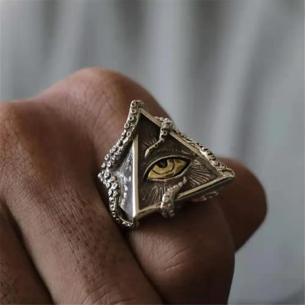 Retro Golden Eye of Providence Large Ring For Men Cthulhu Octopus Punk Gothic Ring Handmade Jewelry Biker Accessories Man Gift