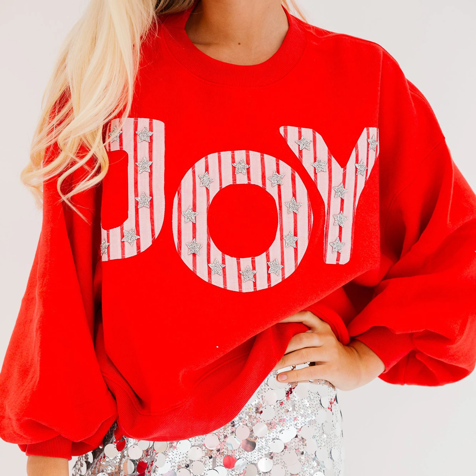 Women Fashion Christmas Loose Pullover Sparkly Rhinestone Letter Print Long Sleeve Crew Neck Sweatshirts Xmas Tops Outwear