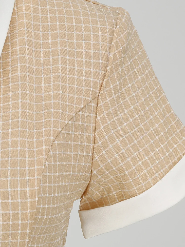 Tonval Shawl Collar Button Up Vintage Robe Plaid Long Dress Evening Elegant for Women Short Sleeve Pockets A-Line Dresses