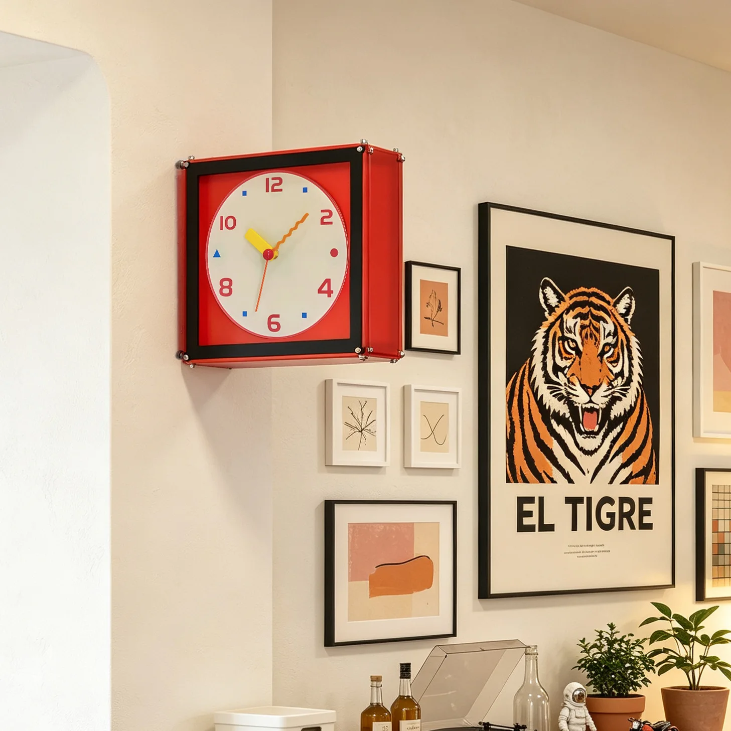 Cream-colored round acrylic double-sided wall-mounted clock for hanging without drilling holes