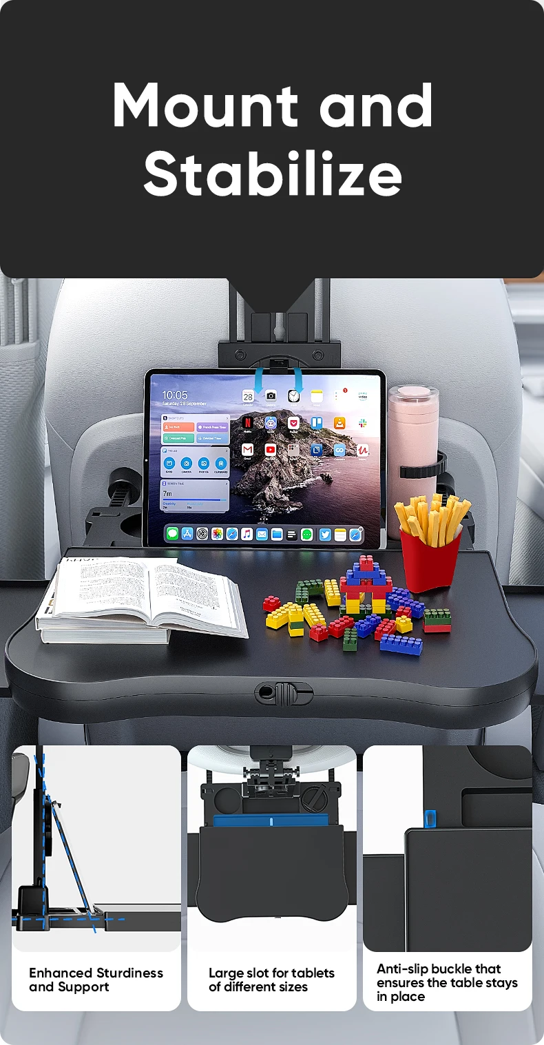 Erweiterbarer Auto-Rücksitz-Schreibtisch für Laptop und Esszimmer, mit rutschfester Unterlage und Gerätehalter. Perfekt für Arbeit/Essen – Detail 7