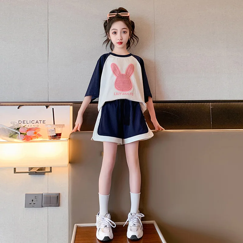 2026 new summer Girls set Clothes teenager bunny patchwork t-shirt + thin short hot pants 4 5 6 8 10 11 12 year tracksuit Casual