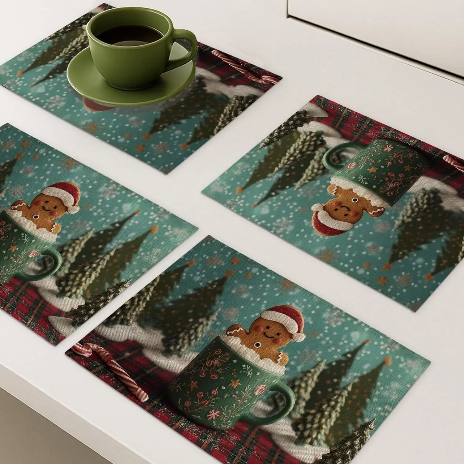 

Winter Holiday Gingerbread Mug Placemats, Green Festive Table Mats for Christmas, Non-Slip Washable Indoor Outdoor Dining
