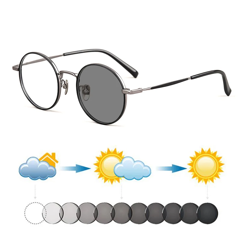 

Унисекс из чистого титана, круглые фотохромные солнцезащитные очки для чтения в стиле ретро, женские и мужские темные очки с дальнозоркостью, солнцезащитные очки для вождения и путешествий 0 ~ + 4,0