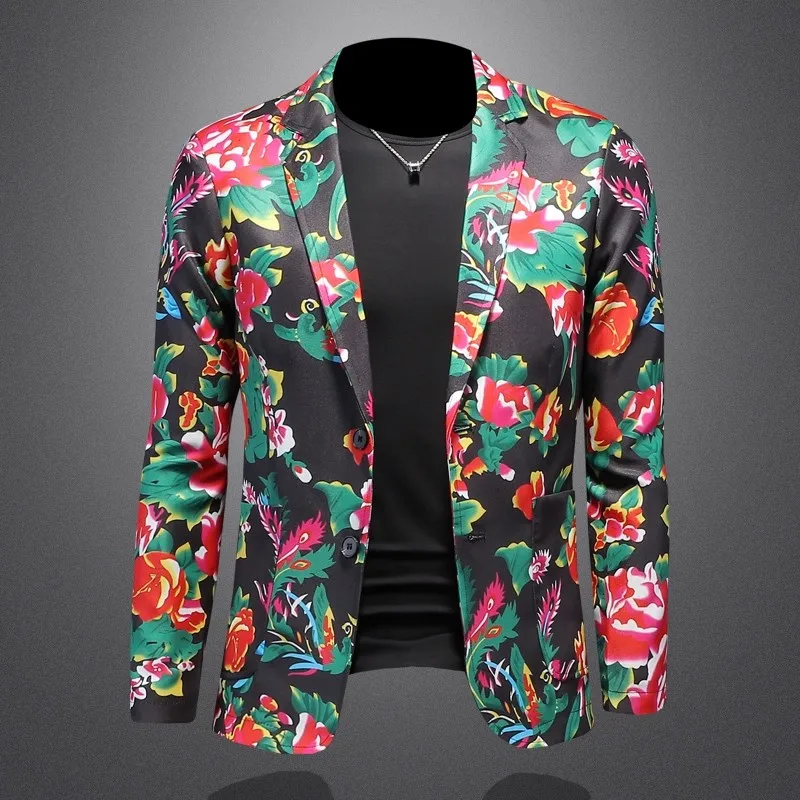 

Мужской приталенный костюм в китайском стиле с большим цветочным принтом в северо-восточном стиле, повседневная одежда в стиле вестерн для выступлений на сцене, осенние короткие формальные модные