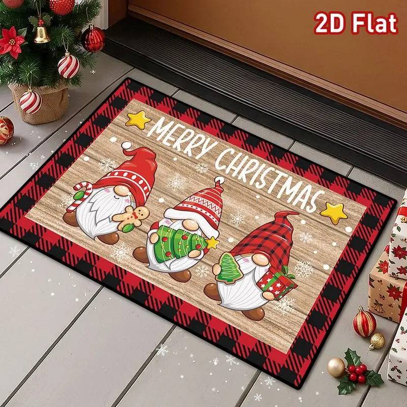 VIKAMA Welcome Mat Christmas Gnome Trio Plaid Antler Hat Doormat Non Slip Washable For Front Porch Indoor Outdoor Home Decor