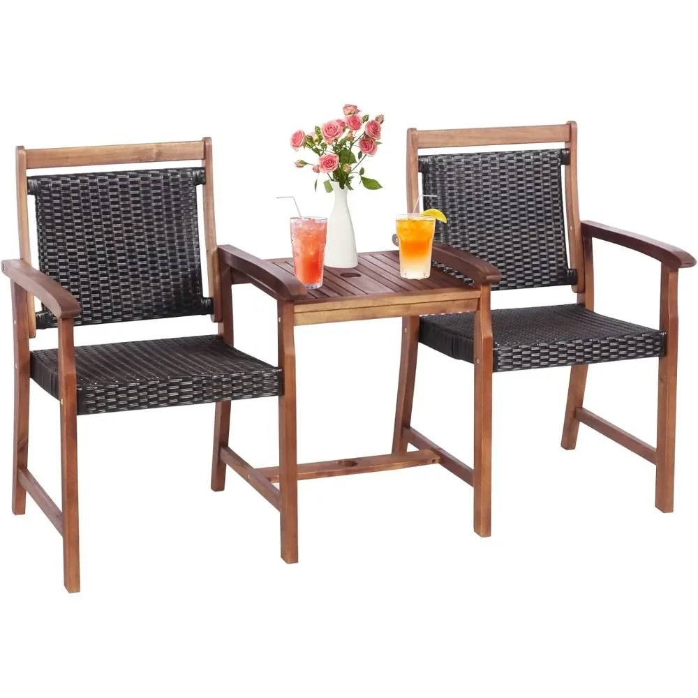 

Acacia Wood Garden Bench, Patiojoy Rattan Companion Loveseat Chair with Coffee Table and Parasol Hole