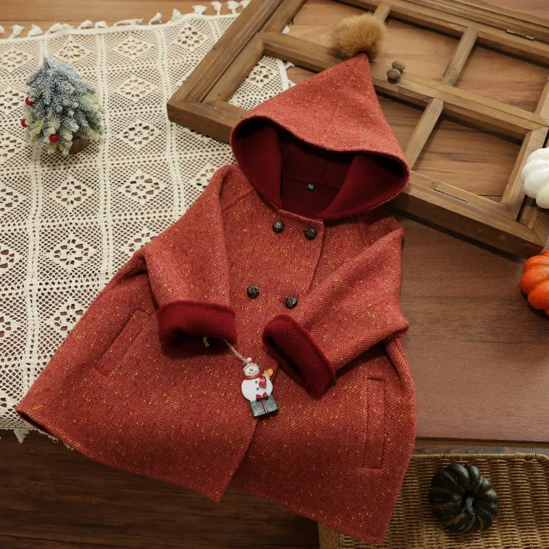 

Children Boutique Christmas Jacket Color Point Wool Double-sided Woolen Coat Girls Retro Elf Hat Cute Children's Handmade Coat