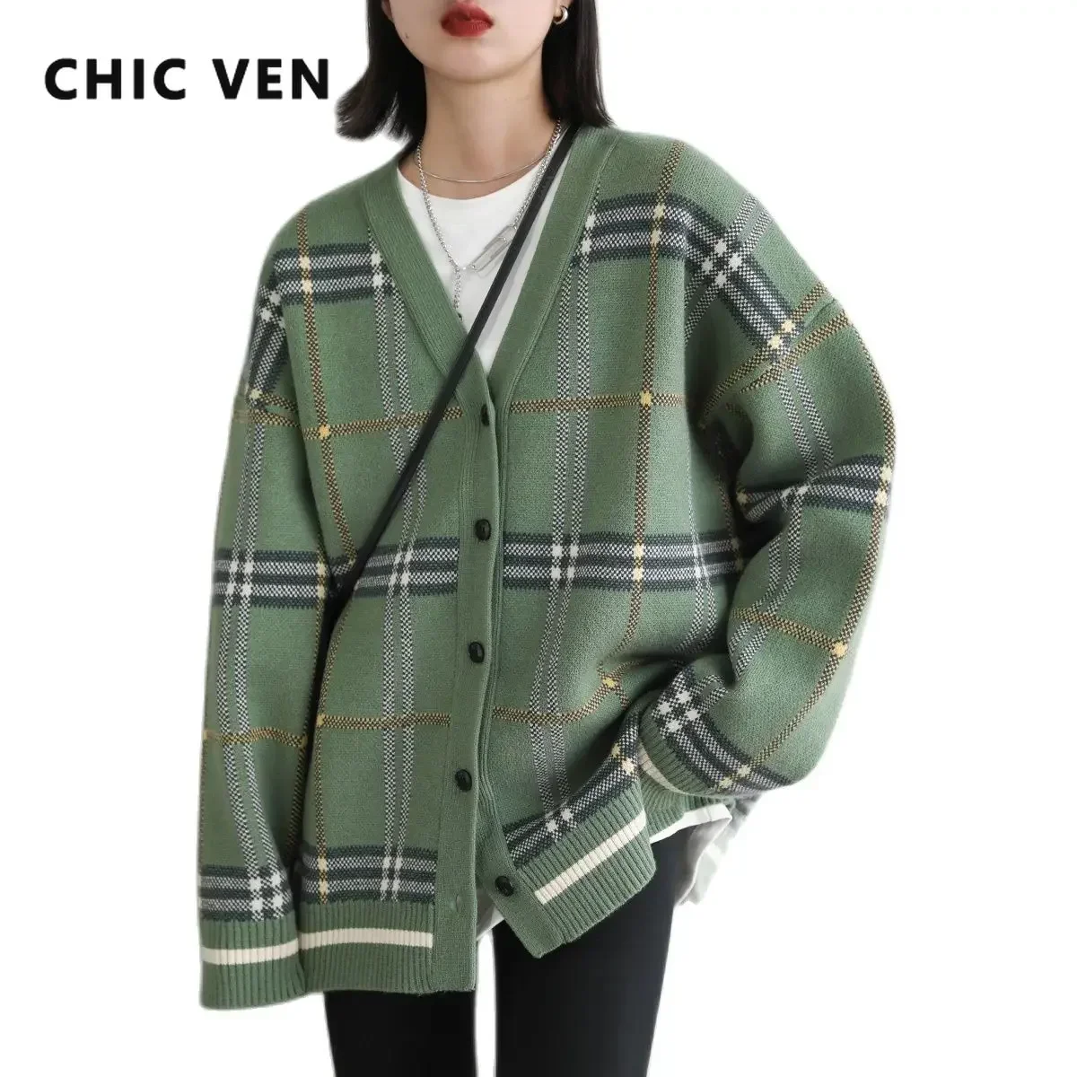 CHIC VEN-suéteres de punto a cuadros para mujer, cárdigan Original Vintage suelto con cuello en V, abrigo cálido coreano, otoño e invierno, 2024