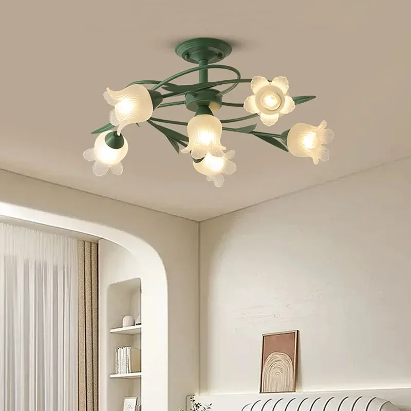 جديد الفرنسية خمر كريم زهرة مصباح السقف الزجاج الإبداعي الشمال الإنترنت المشاهير غرفة المعيشة LED سلسلة الحديد قلادة الخفيفة #3