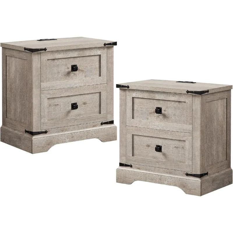 Farmhouse Nightstand with Charging Station Set of 2 Large End Table with 2 Drawers Rustic Wood Bedside Table for Bedroom
