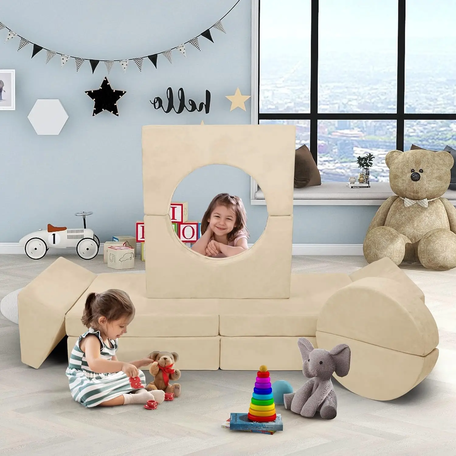 Modular Kids Play Couch, 10PCS Sectional Sofa for Creative Play, Beige