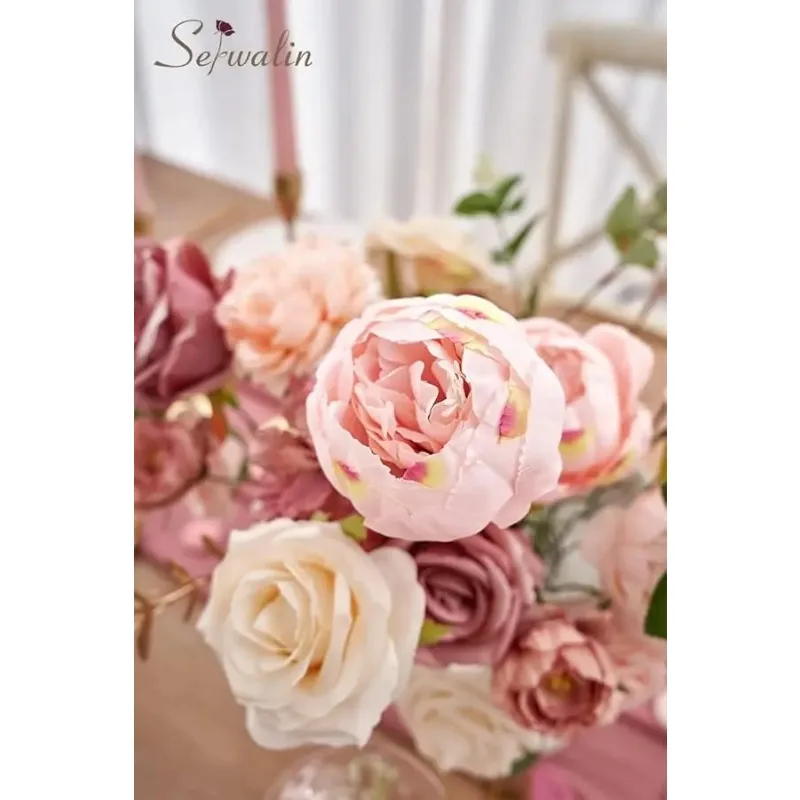 2 قطعة الزهور الاصطناعية الوردي كعكة الزفاف الزهور ، وهمية الورود المغبرة الفاوانيا لباقات الجدول المركزية ديكور منزلي للزفاف ، #4