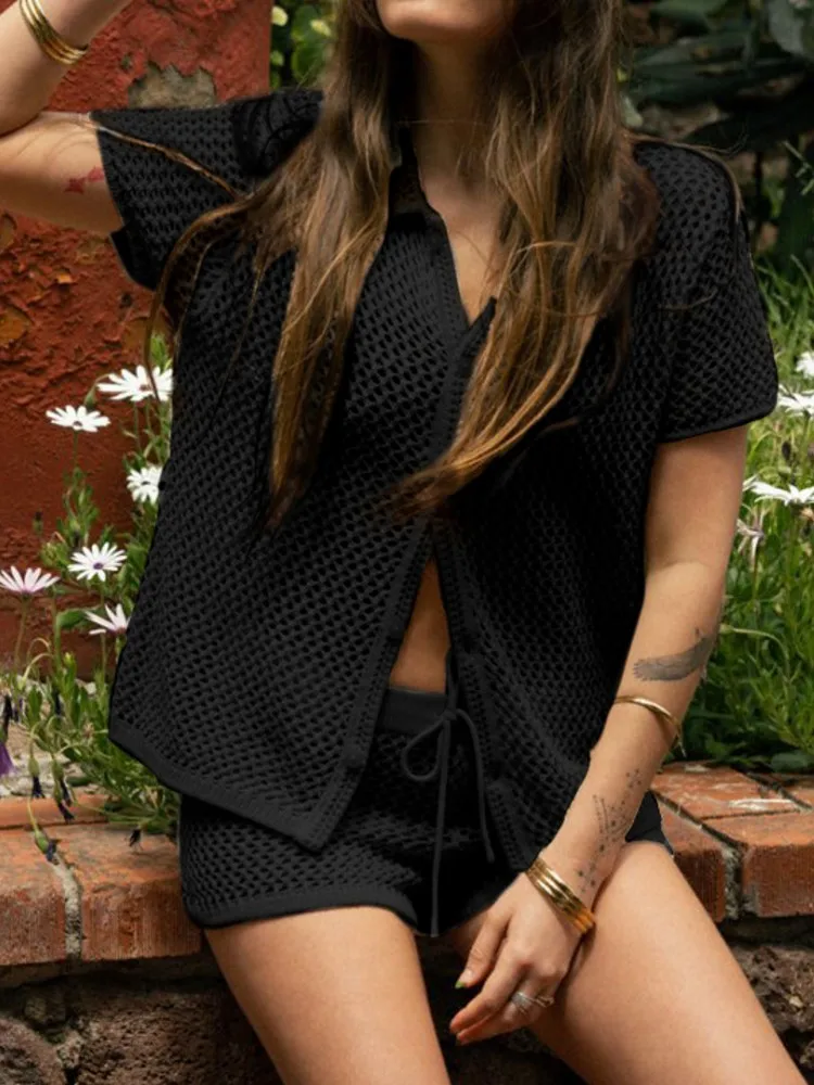Women's Summer Knited 2 Two Pieces Sets Suit Hollow Out Short Sleeve Single Breasted Tops And Shorts Pants Beach Holiday