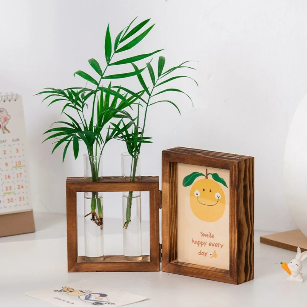 Wooden Stand Glass Test Tube Vase Hydroponic Plant Propagation Station Tabletop Decor Living Room Coffee Office Ornament
