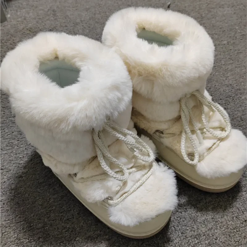 Botas femininas de pele de coelho falso, botas curtas de neve, plataforma com cordões, botas de esqui de algodão impermeáveis, casual, inverno, 2024