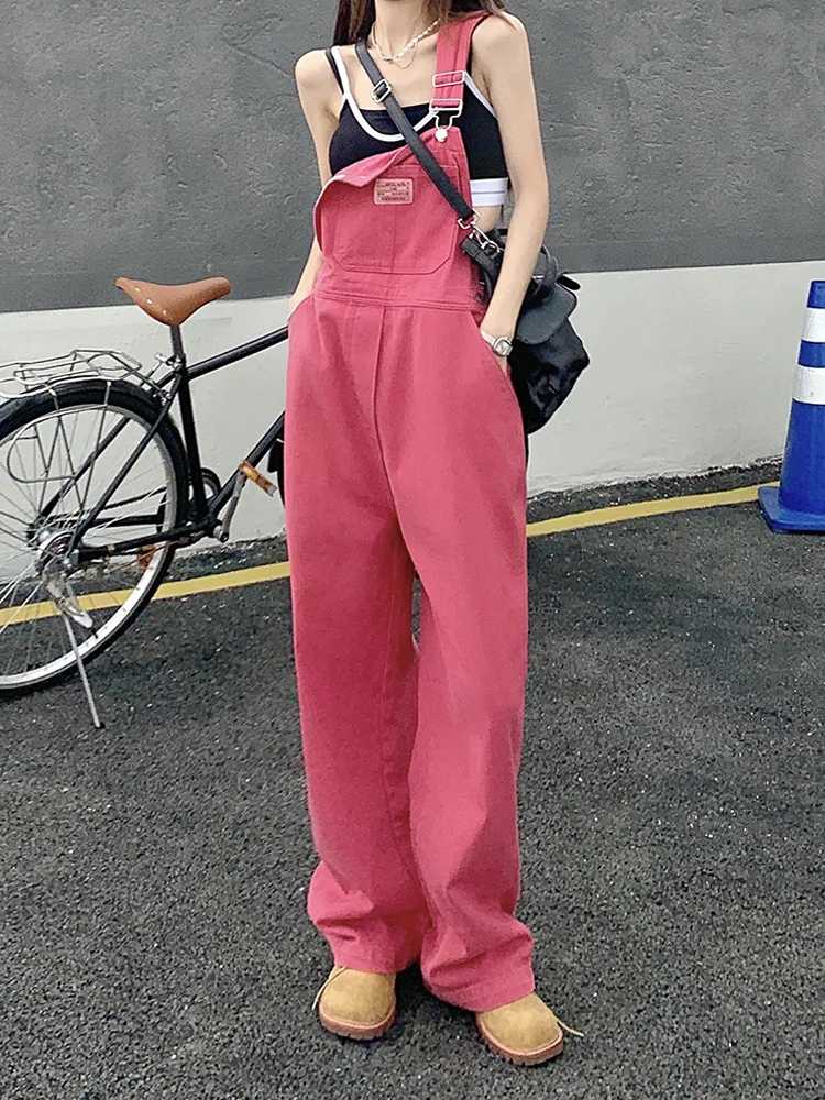Rose Red Denim Overalls Women's Loose High Waist Wide Leg Pants Vintage Anti Aging Salt And Sweet Style Autumn Small Size