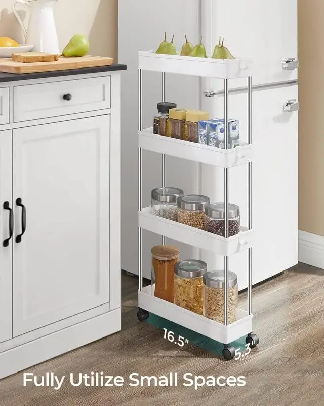 4-Tier Slide Out Storage Cart Slim Rolling Cart on Wheels Slim Storage Cart Space-Saving Bathroom Storage Kitchen