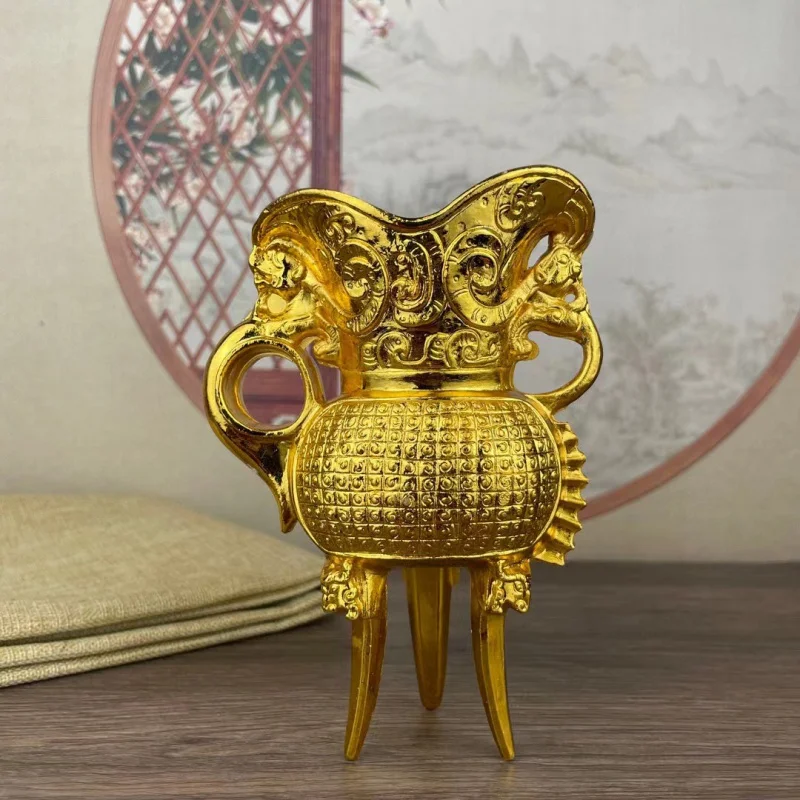 Antique Gilding Double Dragon Double-Ear Wine Cup Jue-Shaped Cup Home Antique Collection Alloy Ornaments