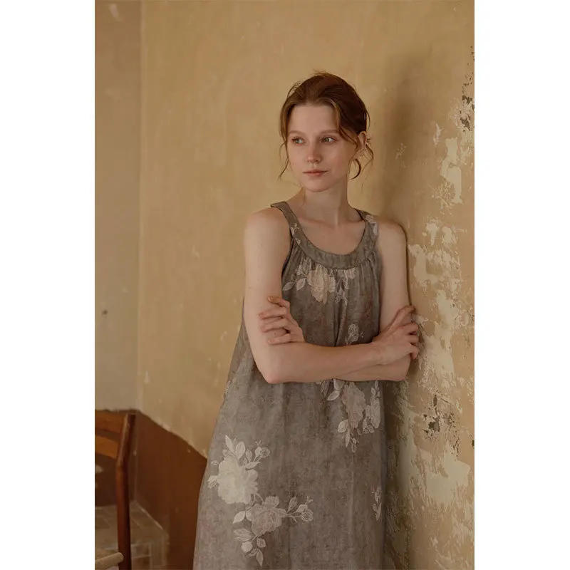 فستان نوم قطني بطبقة مزدوجة من الشاش فضفاض باللون الرمادي مطبوع عليه زهور ورقبة متوسطة الطول فستان نوم صيفي بدون أكمام ثوب نوم نسائي #3