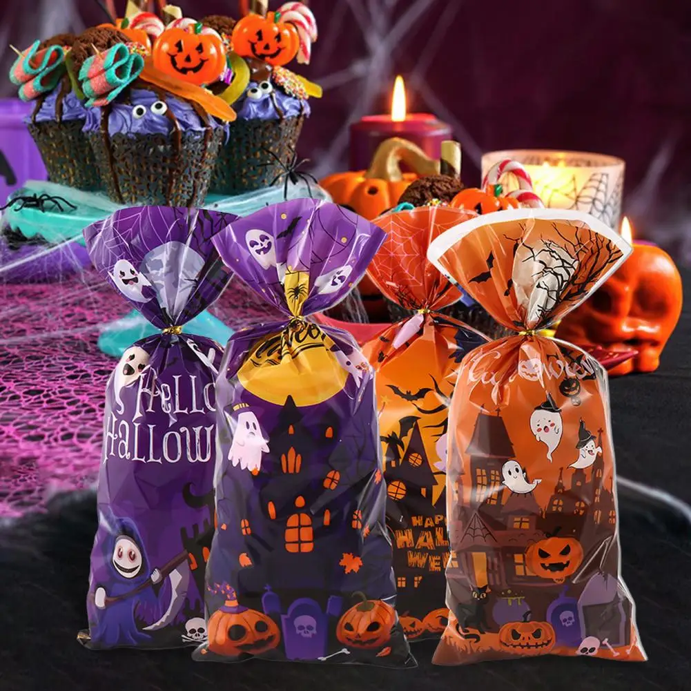 Diy Food Packaging Halloween Candy Bag Set with Ghost Pumpkin Castle Designs 100 Pcs Leak-proof Treat Bags for Cookies Biscuits