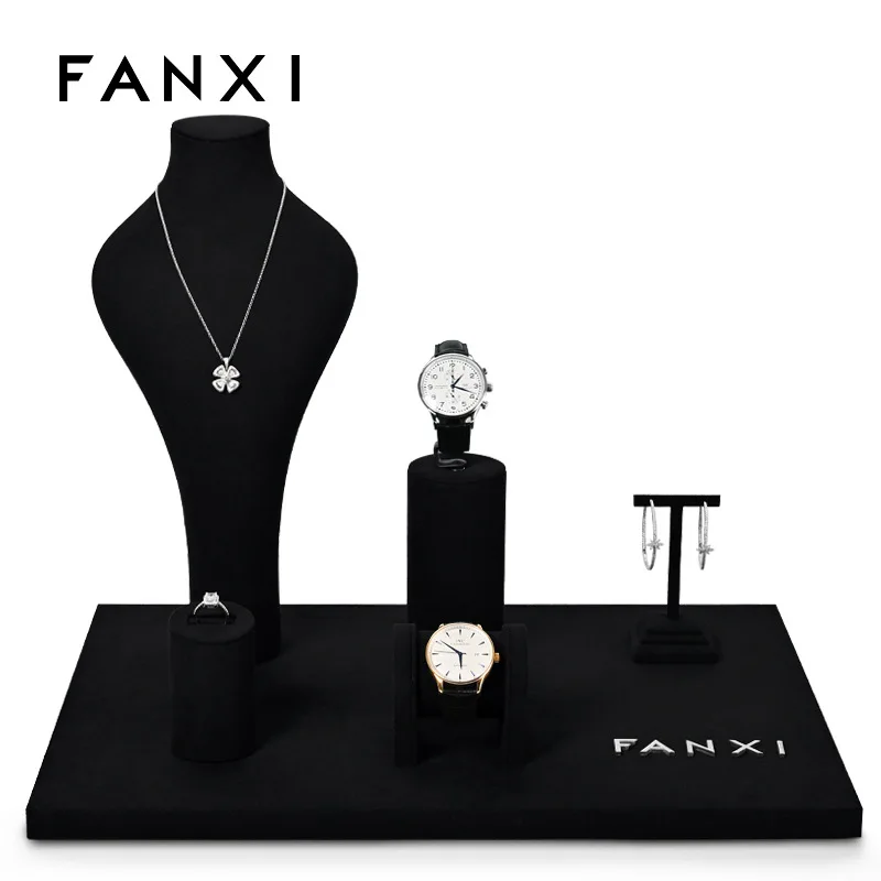 Jewelry Display Stand Microfiber Necklace Earrings Watch Ring Counter Display Set Black