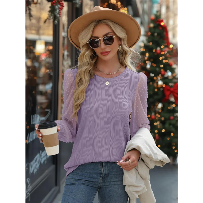 

ASDS-Fall Long Sleeve Shirts For Women Blouses Dressy Casual Crew Neck Puff Sleeve Tops Textured Knit T Shirts