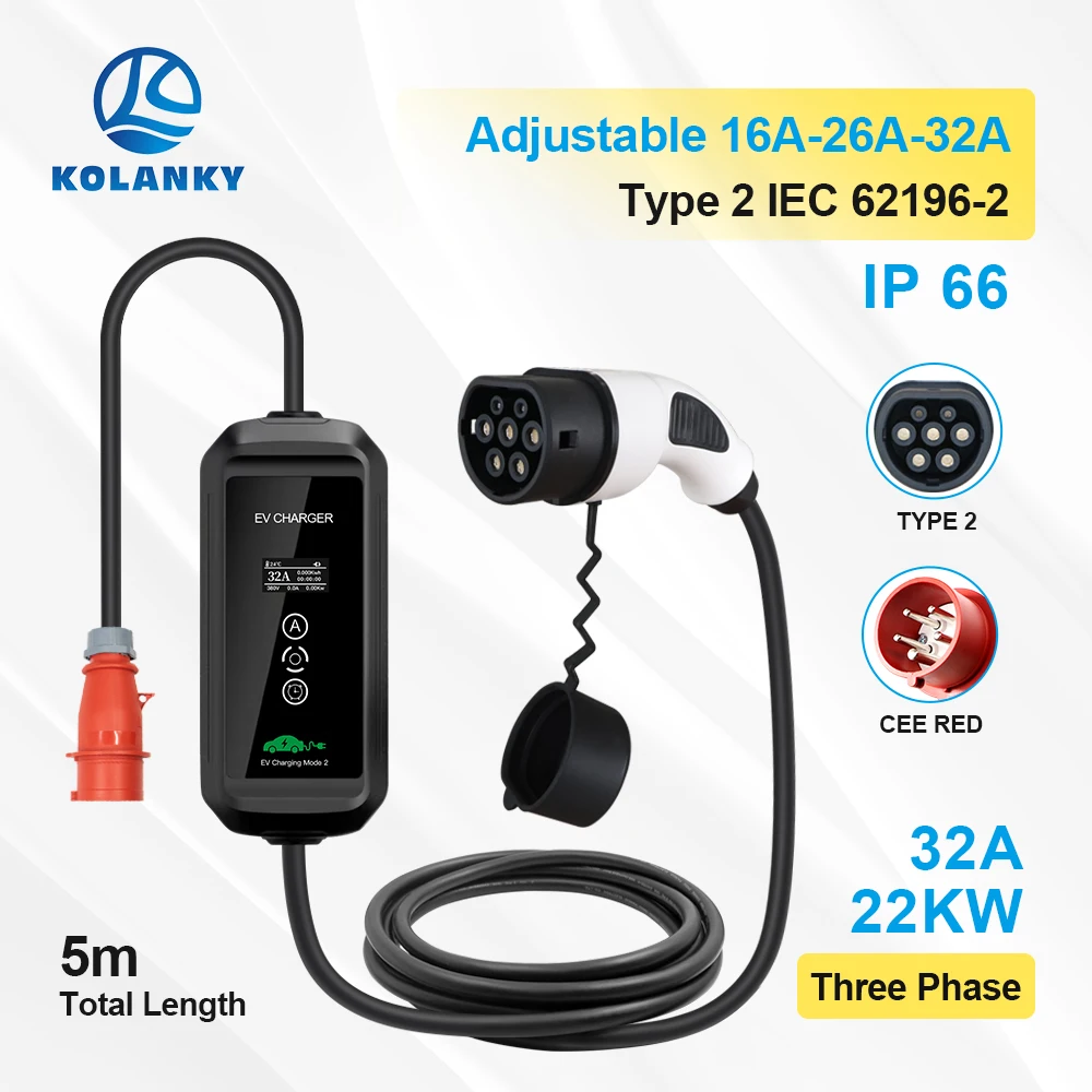 

32A 3P 22KW Portable EV Charger Type 2 Plug Adjust 16/26/32A Charging For Eletric Vehicle PHEV Hybrid Cars Cable 5M