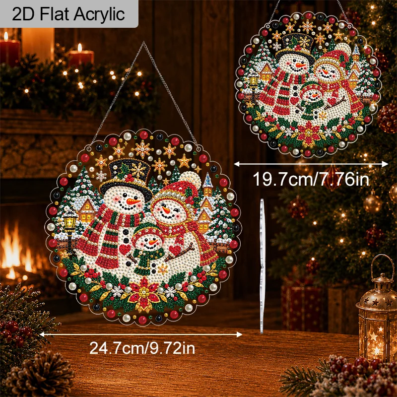 2D Flat Acrylic Christmas Pearl Diamond Art Ornaments, Snowman Family Lace-Edge Design, Pre-Attached Metal Chain, Mixed-Size