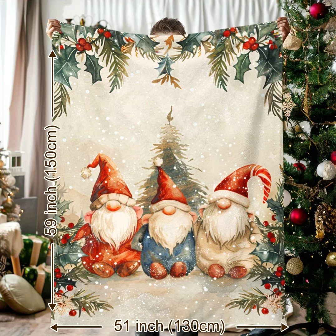 Cute Watercolor Christmas Gnome & Holly Berry Throw Blanket, Soft Warm, Ideal Gift for Colleagues, Friends, Family & Couples