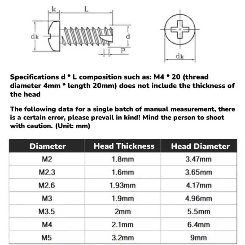 PT Pan Round Head Self Tapping Wood Screw Black 304 Stainless Steel Tail-Cut Phillips Cross Recessed M2 M2.3 M2.6 M3 M3.5 M4 M5