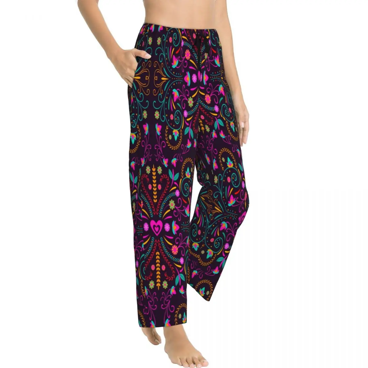 Custom Otomi Borduurwerk Kussen Pyjama Broek Womens Lounge Slaap Stretch Nachtkleding Broek Met Zakken