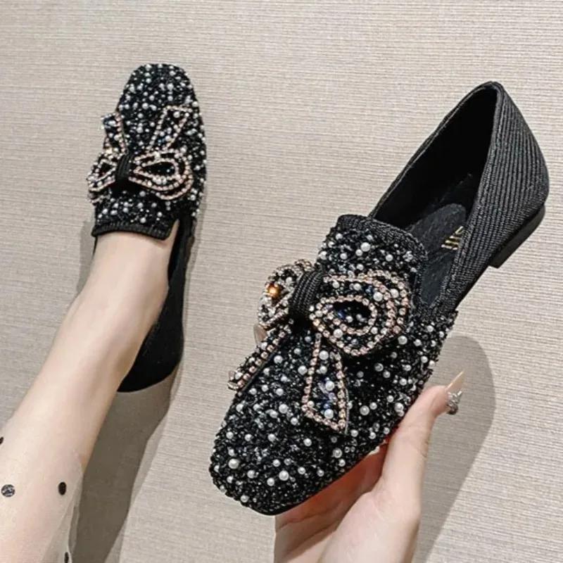 

2026 Womens Flats Shoes Exquisite Rhinestone Bow Casual Shoes Fashion Square Head Loafers for Woman Designer Shoes Zapatos Mujer