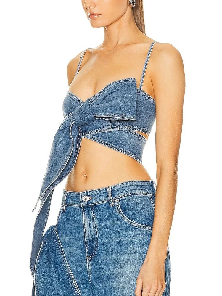 VGH Solid Patchwork Bowknot Backless Denim Tank Tops Strapless Sleeveless Hollow Out Minimalist Slimming Vests Female Fashion